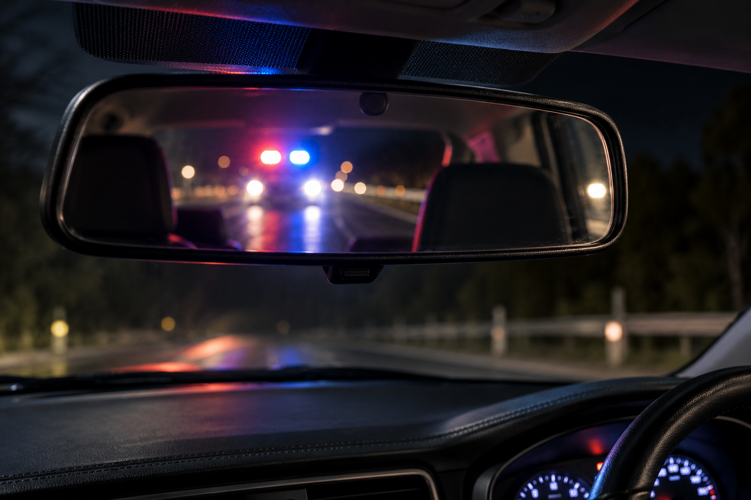 Illustration of red and blue emergency lights reflected in a rear-view mirror